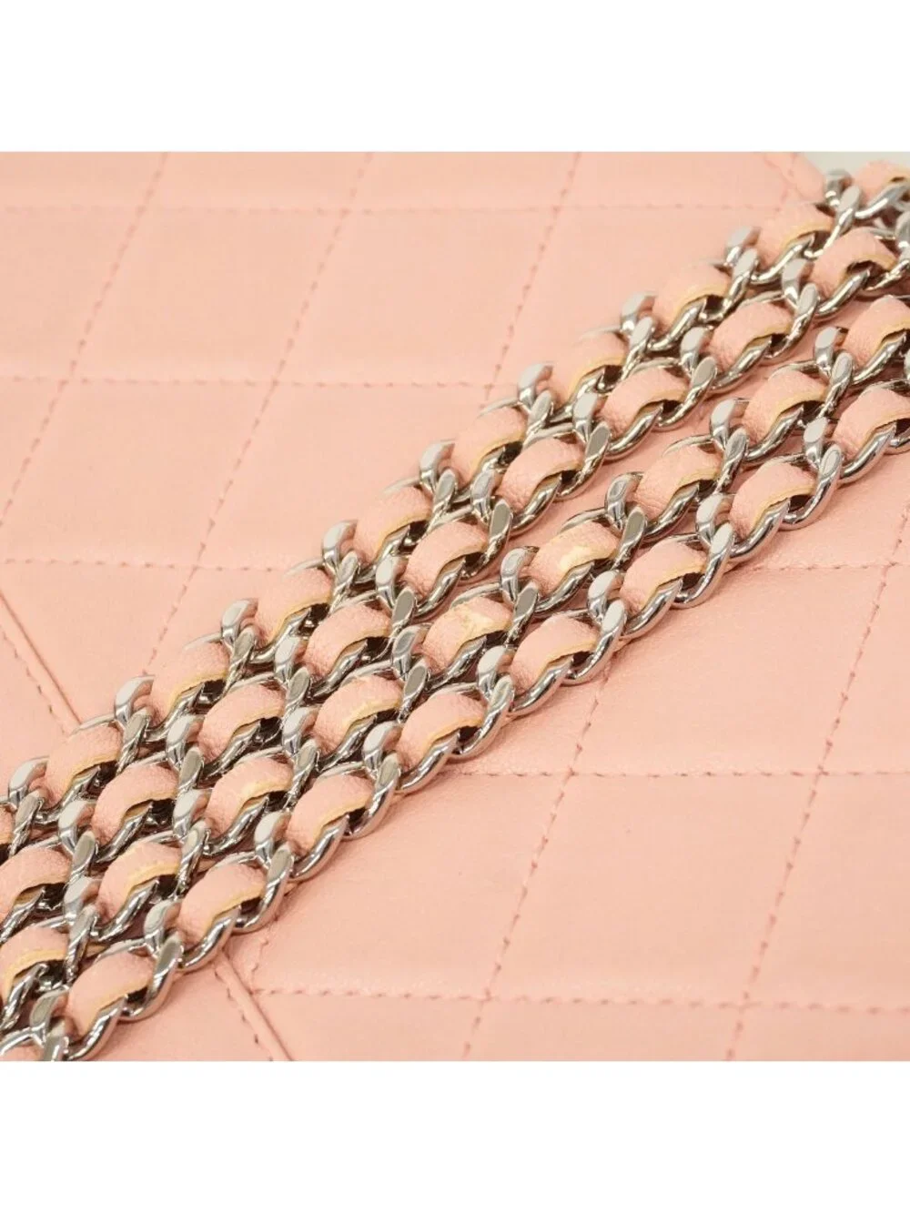 Chanel Shoulder Wallet Quilted Leather Pink Silver